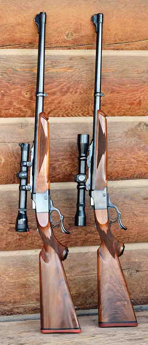 Elmer Keith was a huge fan of the Ruger No. 1 rifle. These two rifles are from his collection and include a 458 Winchester Magnum (left) and a 375 H&H Magnum (right).